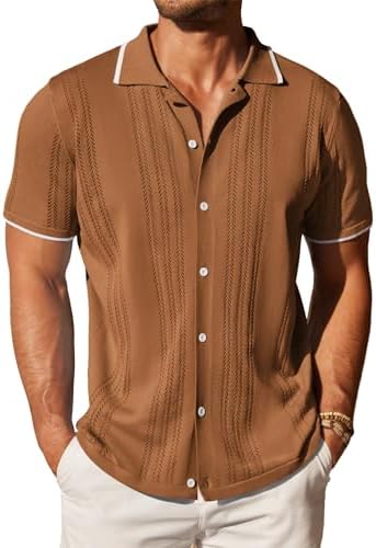 COOFANDY Men’s Knit Button Down Shirt Vintage Short Sleeve Polo Shirts Casual Beach Tops