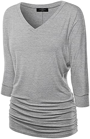 Made By Johnny Women’s Casual Boat Neck and V-Neck 3/4 Sleeve Draped Dolman Top with Side Shirring Premium Shirt