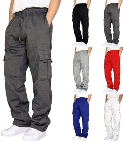 Baggy Cargo Sweatpants for Men Plus Size Drawstring Waist Joggers with Pockets Open Bottom Athletic Sweat Pants