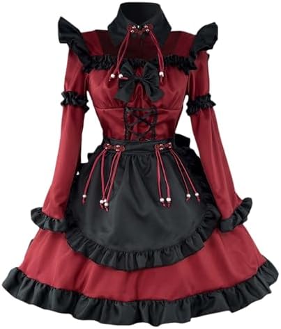 Womens Lolita Gothic Dresses Vintage Bow Ruffle Steampunk Dress Long Sleeve Renaissance Halloween Cosplay Dress