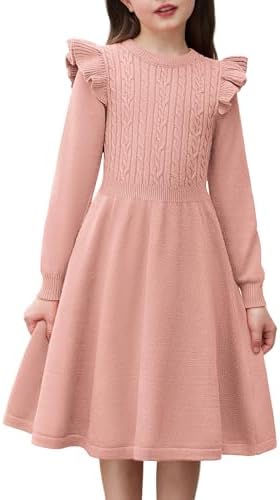 Arshiner Girls Sweater Dress Fall Winter Lantern Long Sleeve Cable Knit Pullover Midi Dresses