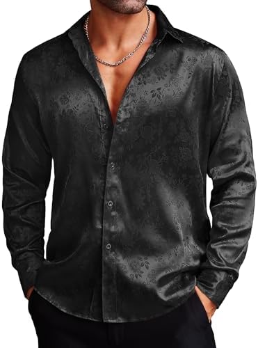 COOFANDY Men’s Silk Satin Dress Shirts Jacquard Long Sleeve Floral Button Up Shirts Party Prom Wedding Shirt