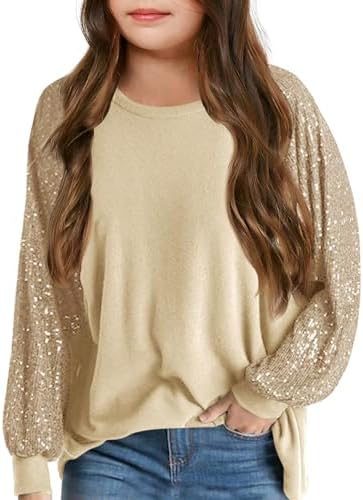 Haloumoning Girls Sequin Sweatshirts Kids Fashion Crewneck Long Batwing Sleeve Pullover Clothes 5-14 Years