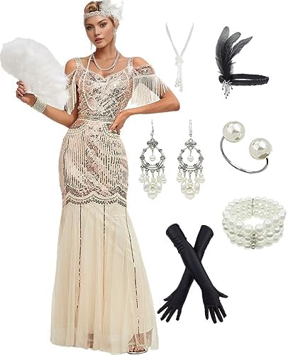 Roaring 20s Beaded Fringe Vintage Flapper Sequins Tassels 1920s Style Maxi Dress with 20s Accessories Set