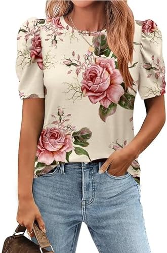 Zeagoo Blouse for Women Dressy Casual Puff Short Sleeve Boho Tops Fashion Floral Crew Neck Tunic Shirts Summer Clothes