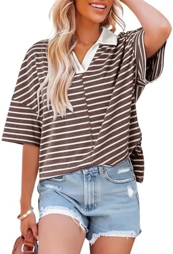 Dokotoo Tops for Women Striped 2025 Fashion Oversized T Shirts for Women Color Block Polo Shirts Basic Tee