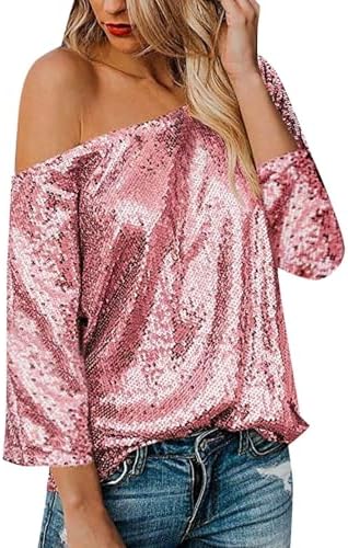 One Shoulder Sequin Sparkly Tops for Women 3/4 Sleeve Sparkle Shirts Holiday Evening Party Elegant Club Night Blouse