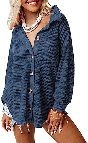 Dokotoo Womens Waffle Knit Shacket Jacket Casual Long Sleeve Button Down Shirts Dressy Blouses Tops