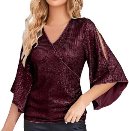 Elegant Sequin Tops for Women 3/4 Sleeve Glitter Sparkly Blouse Dressy Bell Off Shoulder V Neck Evening Party Shirts