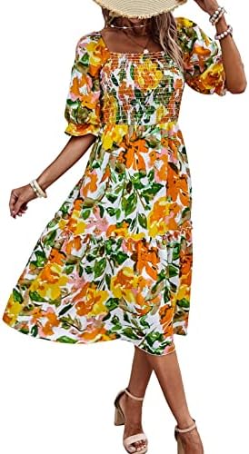 PRETTYGARDEN Women’s Summer Casual Midi Dress Spring Puff Sleeve Square Neck A-line Flowy Boho Floral Smocked Dresses