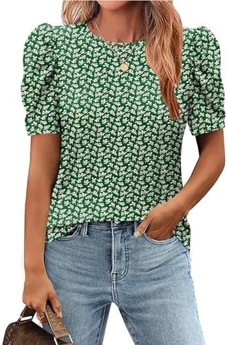 Zeagoo Blouse for Women Dressy Casual Puff Short Sleeve Boho Tops Fashion Floral Crew Neck Tunic Shirts Summer Clothes