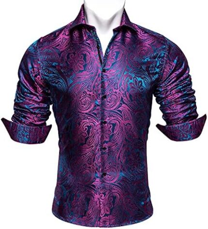 Barry.Wang Mens Mexico Shirts Silk Paisley Long Sleeve Button Down Dress Shirt Vintage Cowboy Party Wedding Casual