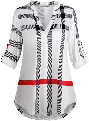 SeSe Code Womens 3/4 Roll Sleeve Plaid Shirt Business Casual Blouses and Tops Dressy for Work