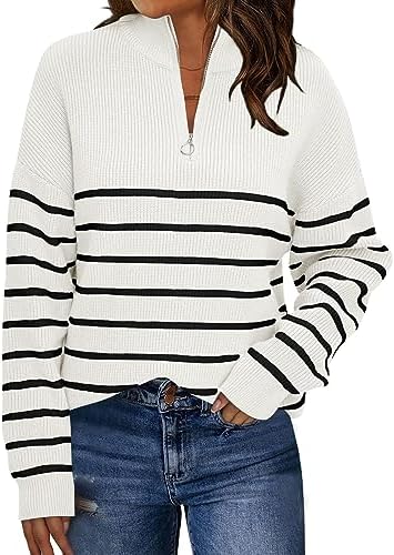 LILLUSORY Women’s Quarter Zip Striped Oversized Sweater Mock Turtleneck Pullover Fall Fashion Outfit Winter Trendy Clothes