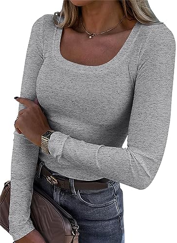 Roselux Womens Long Sleeve Scoop Neck Ribbed Knit Fitted Casual Tops Tee Slim Basic Shirts