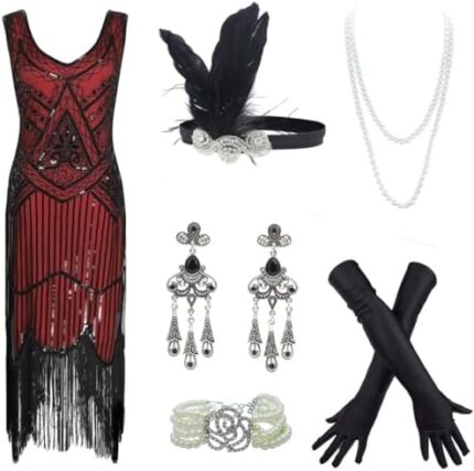 20s Flapper Gatsby Sequin Beaded Evening Cocktail Dress with Accessories Set