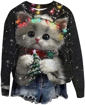 Ugly Christmas Sweater Women Men Funny Cat Sweatshirts Pullover Xmas Shirts Fashion Tops Knit Ribbed Winter Sweater