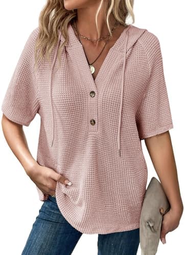 Dokotoo Womens Summer Waffle Knit Short Sleeve Tops Lightweight Drawstring Hoodies Button V Neck Casual Blouses Shirts