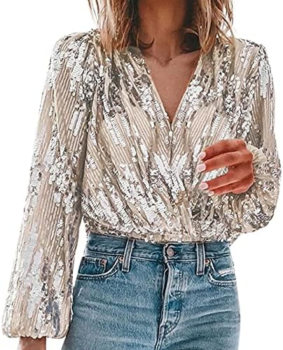 Sequin Crop Tops for Women Trendy Long Sleeve V Neck Sparkly Shirts Dressy Casual Loose Tees Evening Party Blouses