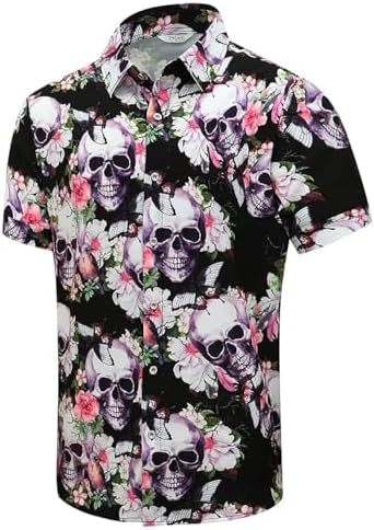 SheLucki Hawaiian Shirt for Men, Unisex Summer Beach Casual Short Sleeve Button Down Shirts, Printed Palmshadow Clothing