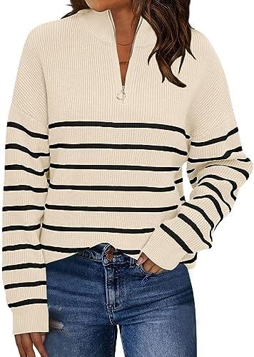 LILLUSORY Women’s Quarter Zip Striped Oversized Sweater 2025 Mock Turtleneck Fall Fashion Outfit