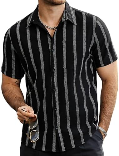 VATPAVE Mens Summer Striped Shirts Button Down Short Sleeve Vintage Beach Hawaiian Shirts with Pocket