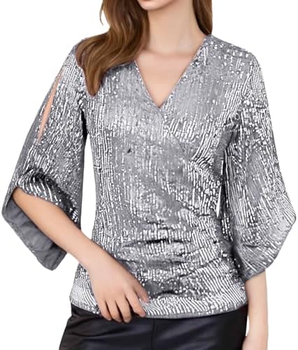 Sequin Tops for Women Plus Size 3/4 Sleeve Tshirt Dressy Elegant Sparkly T Shirts V Neck Club Evening Party Blouse