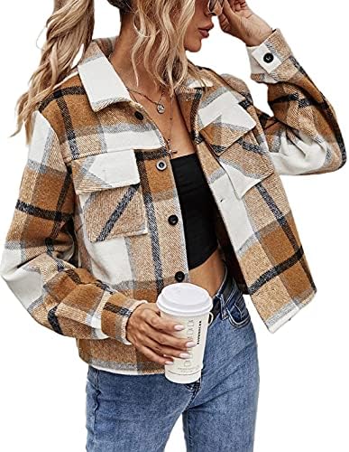 Yeokou Women’s Fashion Cropped Flannel Wool Blend Plaid Shacket Long Sleeve Button Down Jackets Coat