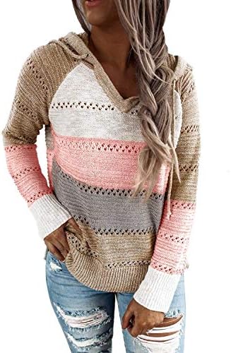 BLENCOT Women Color Block Hooded Crochet Striped Sweaters Lightweight Drawstring Hoodies Pullover Trendy Sweatshirts