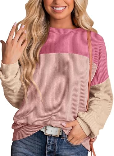 KIRUNDO Womens Fashion 2024 Fall Color Block Long Sleeve Ribbed Knit Tops Casual Loose Crewneck Blouse Pullover Shirts