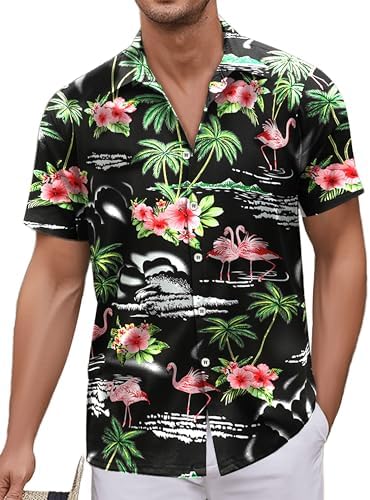 Mens Hawaiian Shirt, Short Sleeves Button Down Beach Clothing, Unisex Summer Flamingos Casual Aloha Floral Shirts