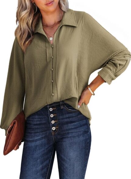 Dokotoo Women Casual Button Down Shirts 2024 Fashion Long Sleeve V-Neck Textured Blouses Waffle Splicing Basic Business Tops